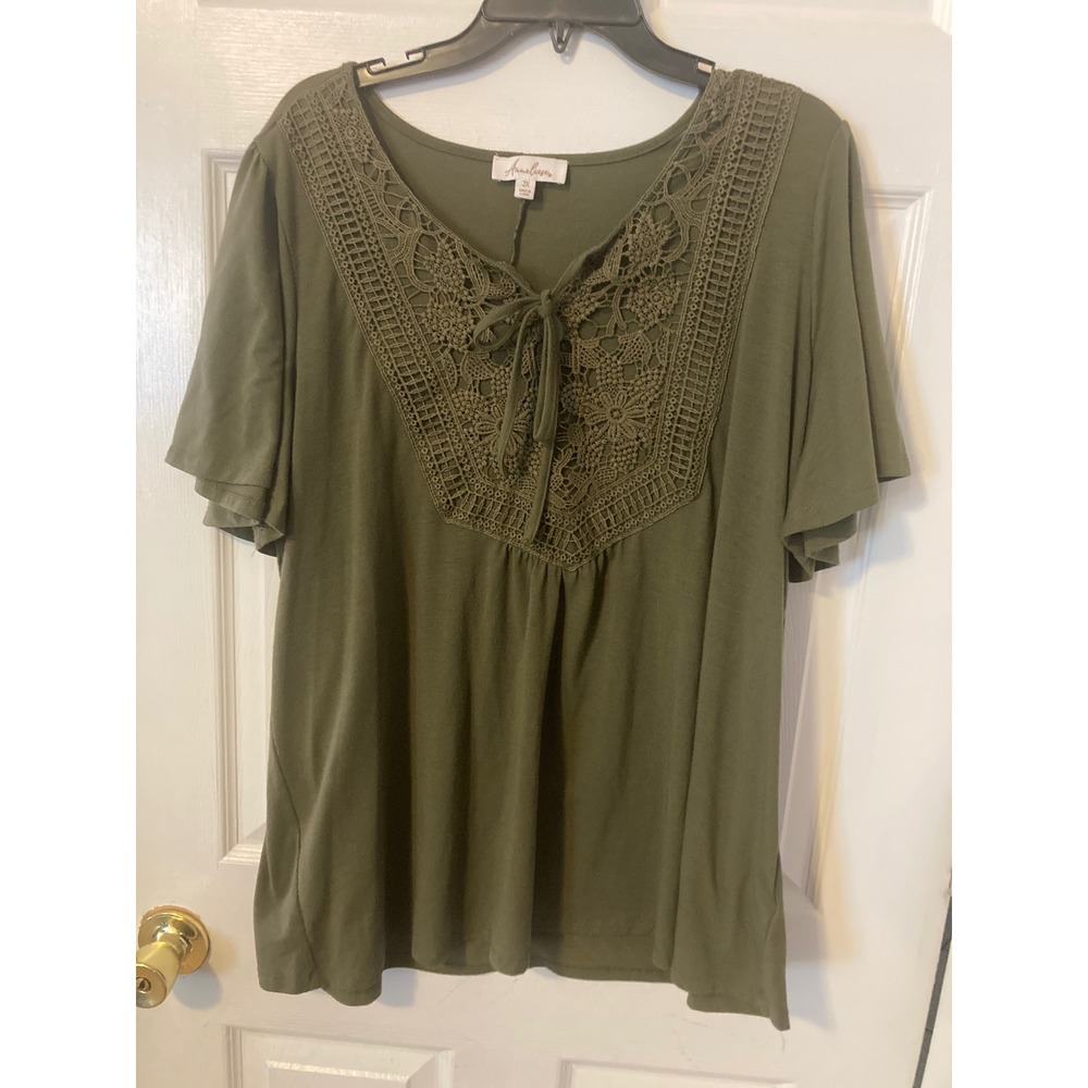 Anneliese Olive Green Crochet Lace Bib Tie Neck Short Sleeve Blouse Top 2X